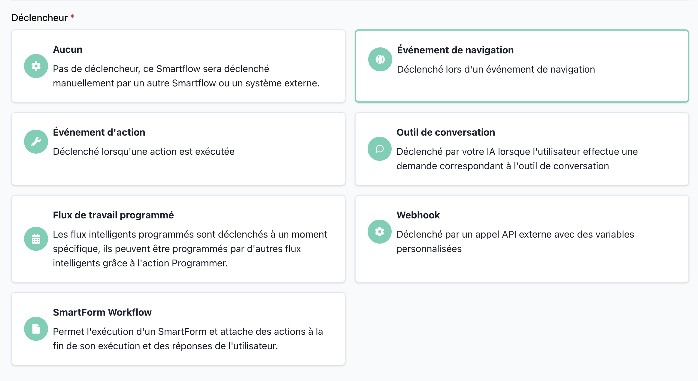 Écran de configuration des déclencheurs montrant les différentes options